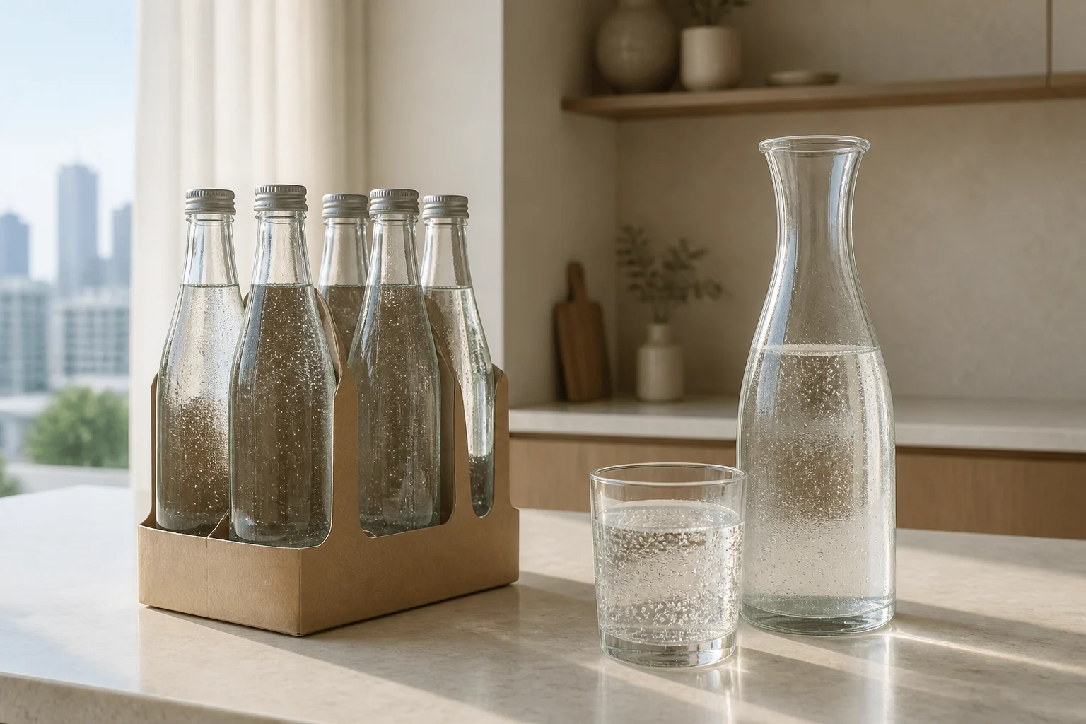 A collection of bottles beside a reusable carafe and sparkling water