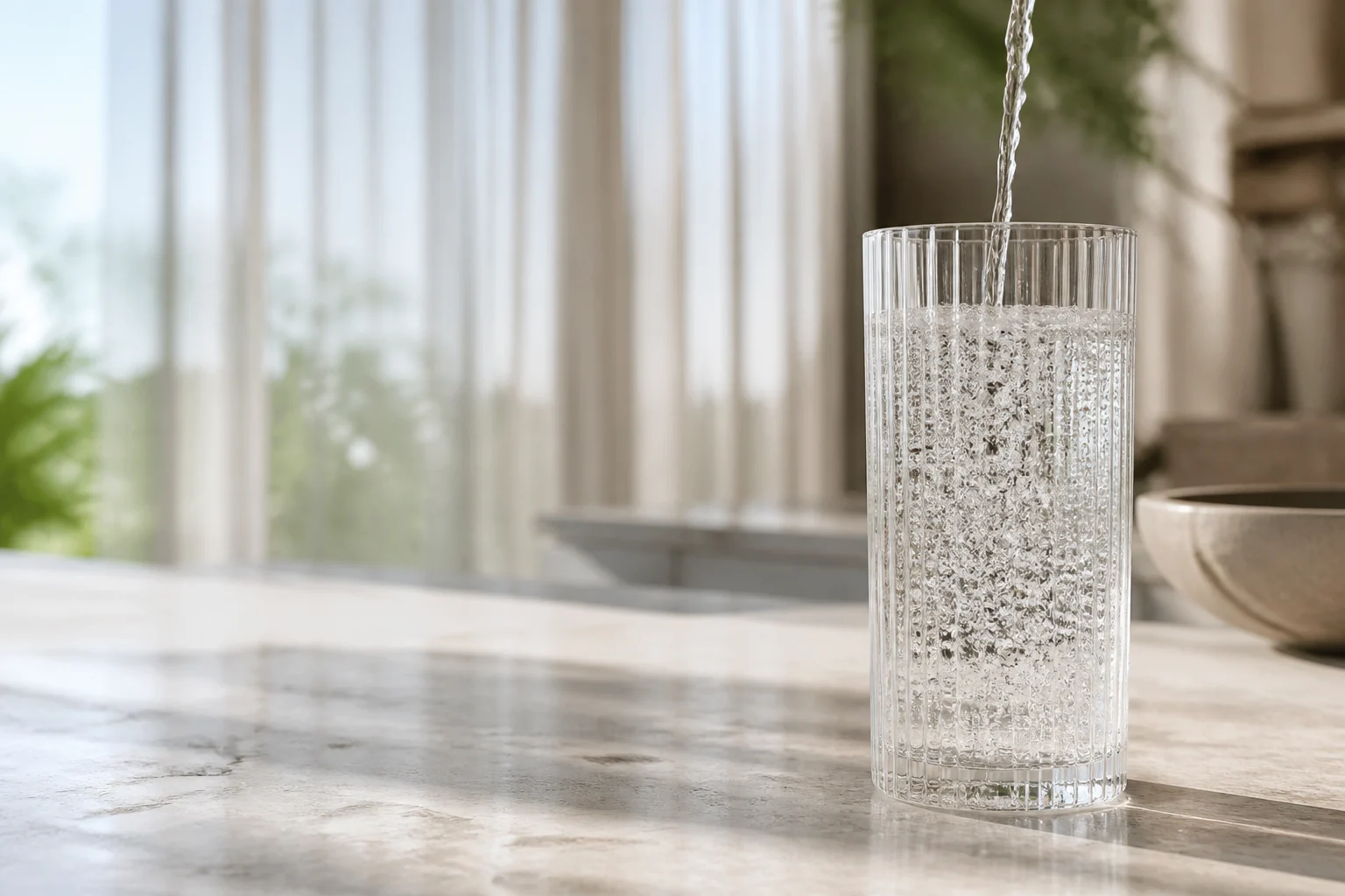 Fresh sparkling water pouring into a clear glass