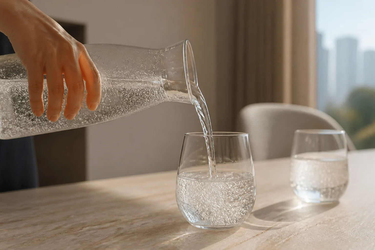 Sparkling water pouring from a chilled carafe into a glass