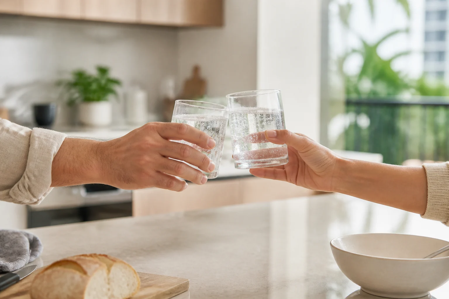 Two people raising glasses of sparkling water at a kitchen island