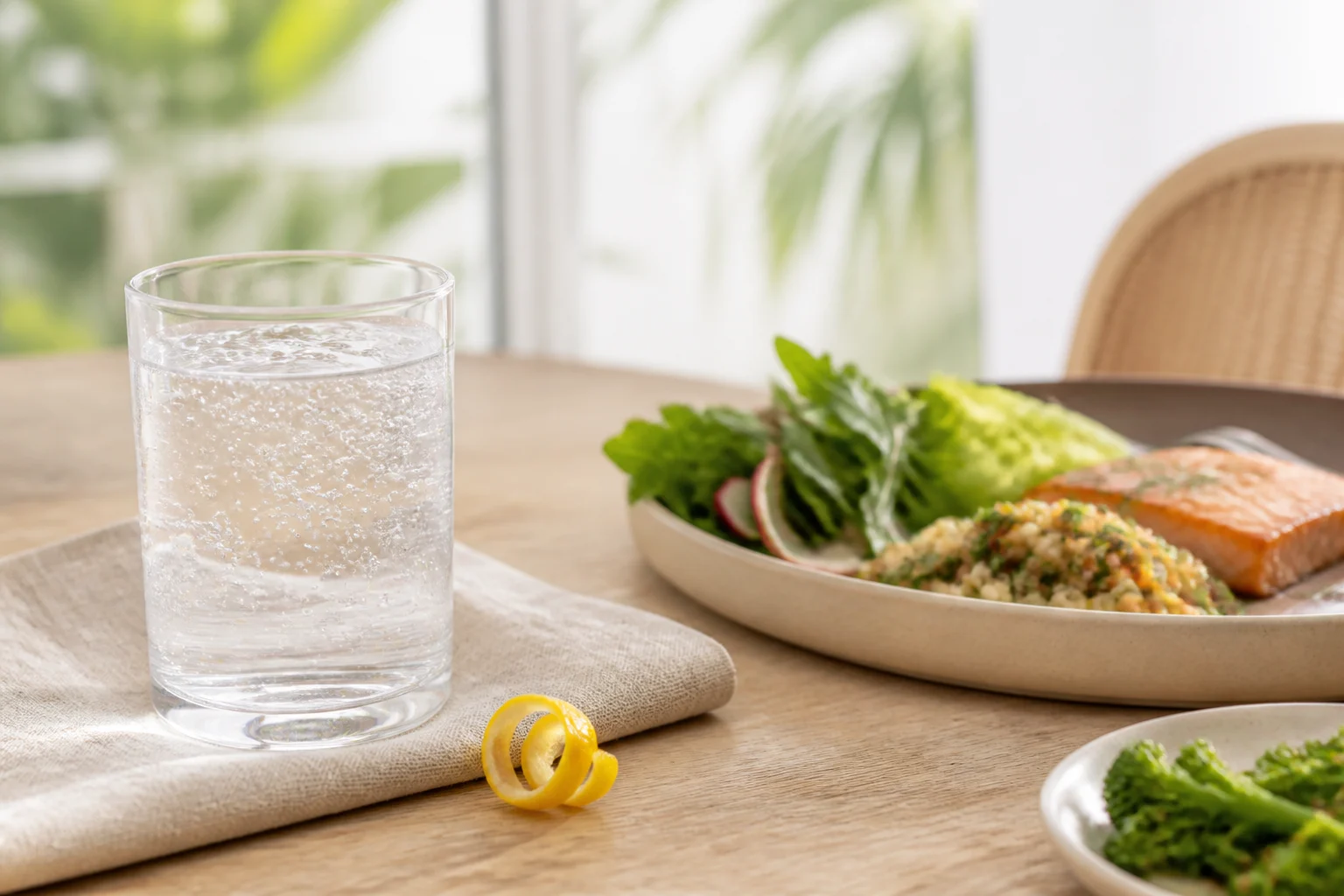 Plain sparkling water served with a fresh meal
